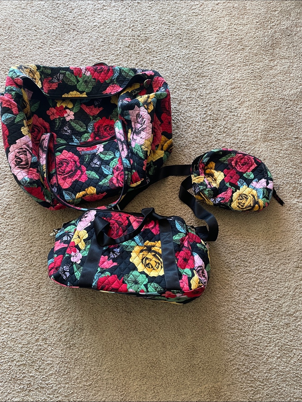 Vera Bradley Black Floral Quilted Travel Bag Set of 3